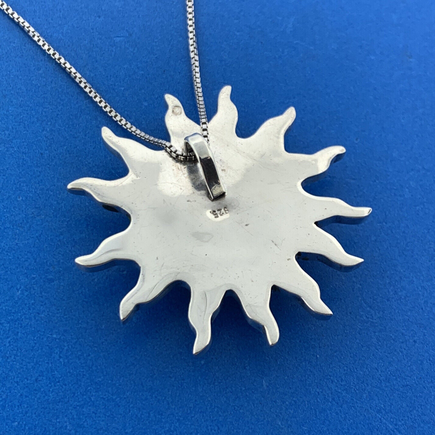 Modernist 925 Sterling Silver Green Jasper Cabochon Sun Pendant Necklace