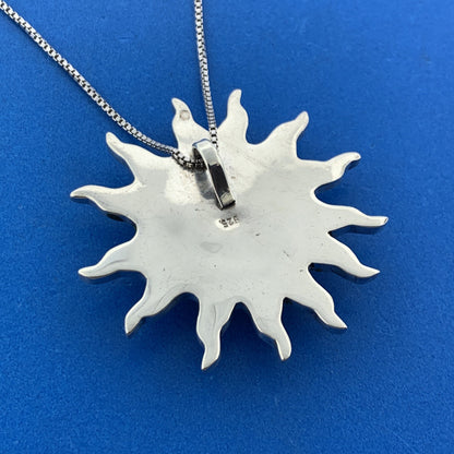 Modernist 925 Sterling Silver Green Jasper Cabochon Sun Pendant Necklace