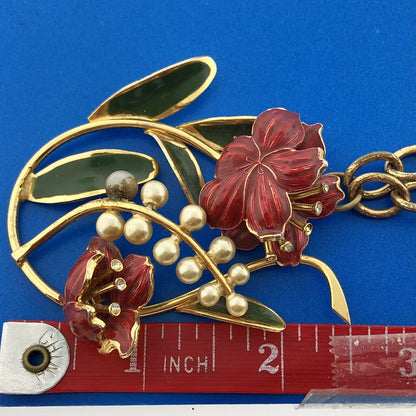 Mid Century Gold Tone Red Green Enamel Faux Pearl Rhinestone Floral Necklace