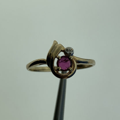 Vintage 10K Yellow Gold Ruby Solitaire Diamond Accented July Anniversary Ring