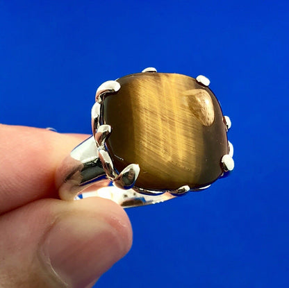 Designer 925 Sterling Silver Square Tigers Eye Fleur De Lis Statement Ring