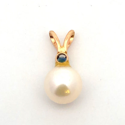 Designer 14K Yellow Gold Pearl Blue Sapphire Accent Drop Charm Pendant
