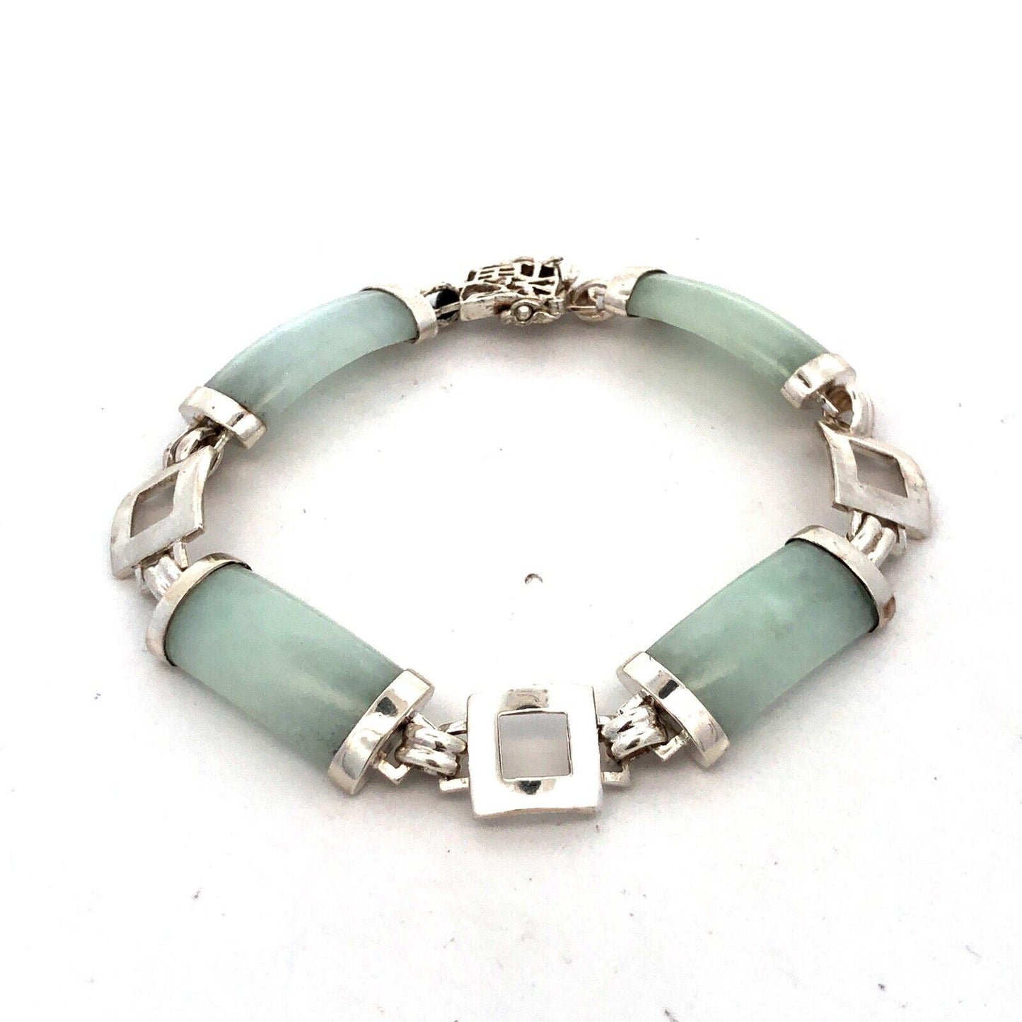Designer G&K 925 Sterling Silver Light Green Jade Chinese Modernist Bracelet