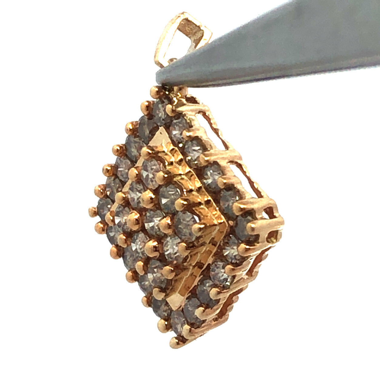 Designer SJ 10K Yellow Gold Round Honey Toned Diamond Square Statement Pendant