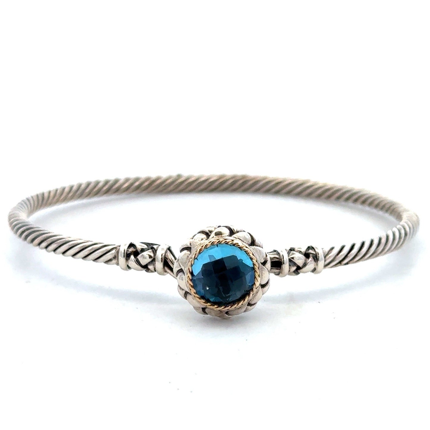 EFFY 925 Sterling Silver 18K Solitaire Blue Topaz Twisted Wire Hook Bracelet