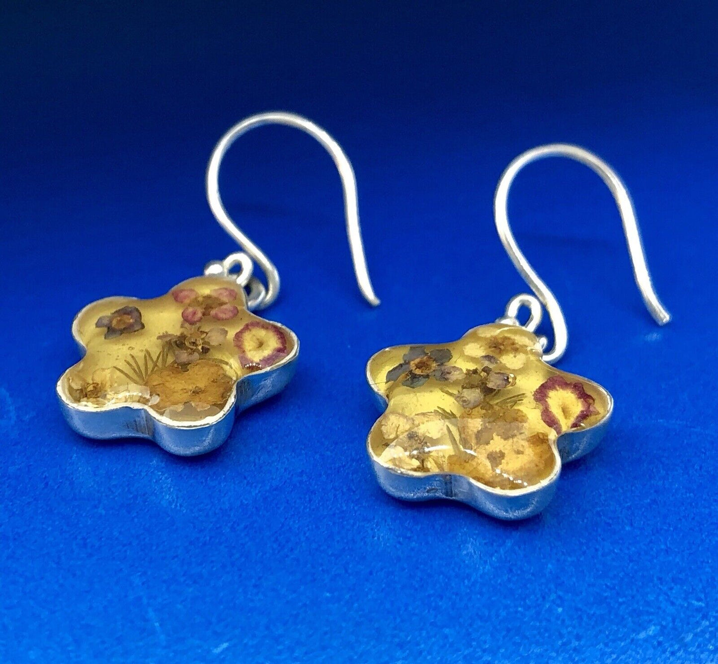 Designer ATI Mexico Sterling Silver 925 Amber Fossil Floral Drop Earrings