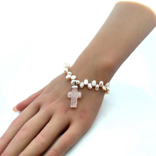 Estate 925 Sterling Silver Pink Rose Quartz Cross Charm Pearl Beaded Bracelet