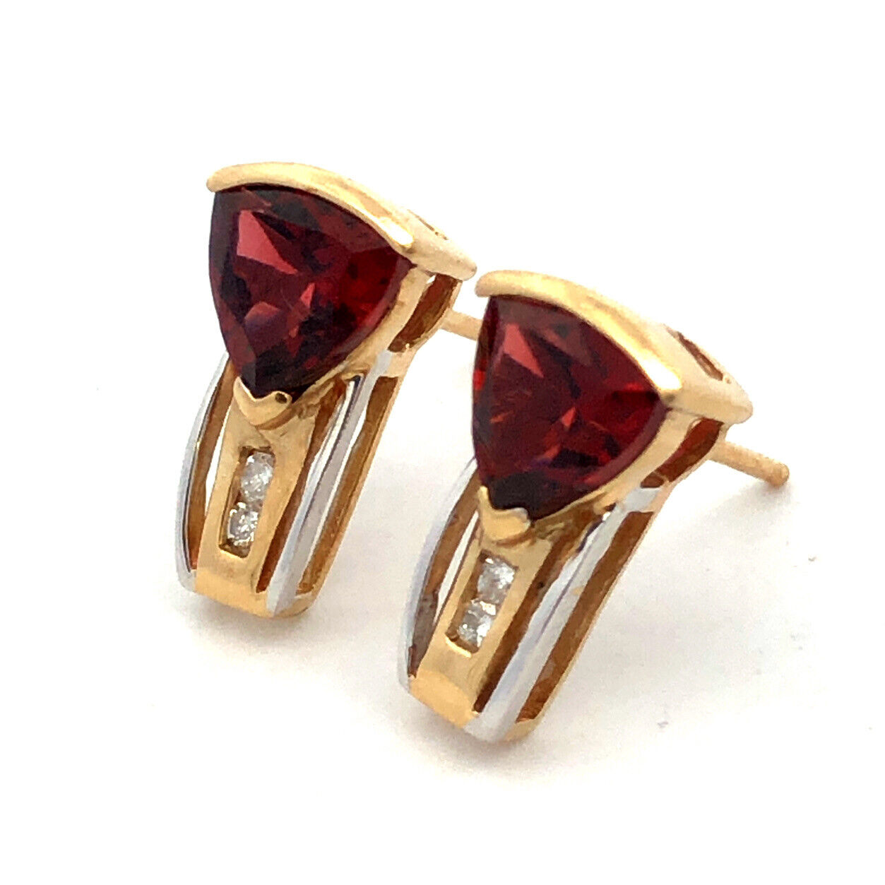 Designer 14K Yellow Gold Trillion Garnet Diamond Accented Stud Earrings