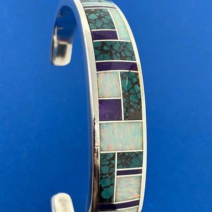 C Willie/D Rosales Sterling Silver Opal Spiderweb Turquoise Amethyst Inlay Cuff