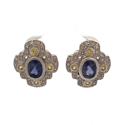 Designer 10K White Gold Oval Tanzanite Yellow Topaz Diamond Stud Earrings