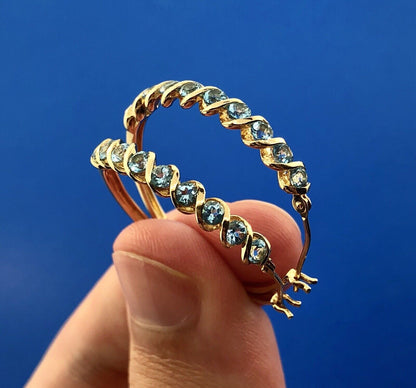 Retro 10K Yellow Gold Blue Topaz December Anniversary 2.ctw Hoop Earrings