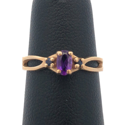 Designer 10K Yellow Gold Oval Amethyst Round Sapphire Accented Ring