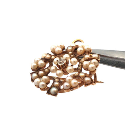 Vintage 14k Yellow Gold Diamond Seed Pearl Spiral Cluster Brooch Pendant