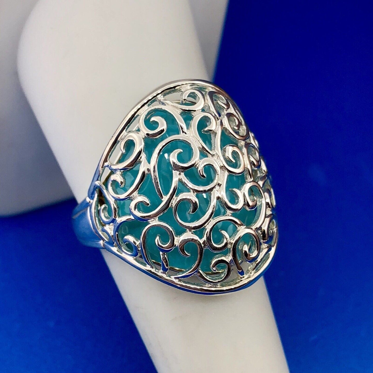 Designer 925 Sterling Silver Aqua Enamel Swirl Scroll Open Work Statement Ring