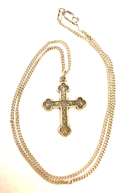 Designer P. Lux 925 Sterling Silver Scroll Detail Cross Pendant & Chain Necklace