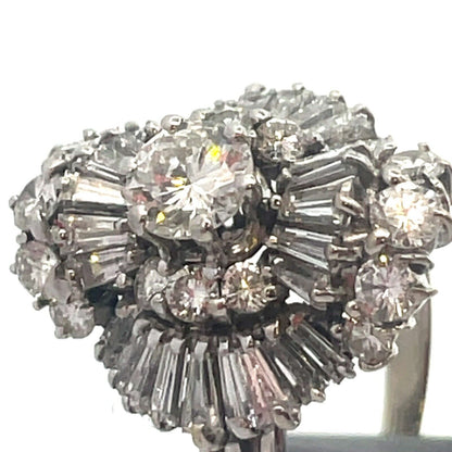 Estate 14K White Gold Round Diamond Center Waterfall Wave Accented Cocktail Ring