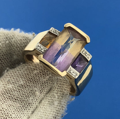 14k Yellow Gold Rectangular Faceted Ametrine Amethyst Citrine Ring Size 5.5