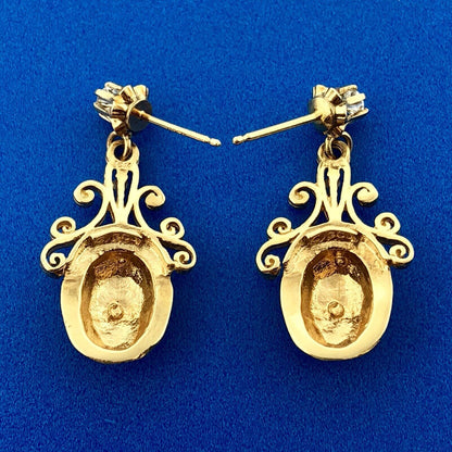 Vintage 14k Yellow Gold Diamond Scroll Gothic Chandelier Dangle Drop Earrings