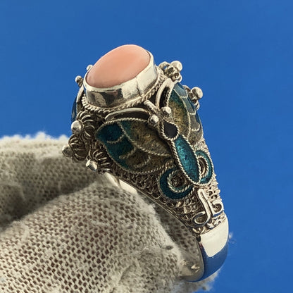 BJ China Sterling Silver 925 Pink Coral Cloisonne Statement Ring