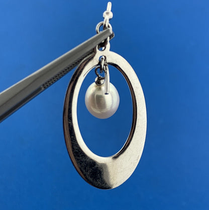 Stunning Sterling Silver 925 White Pearl Open Oval Hook Dangle Earrings