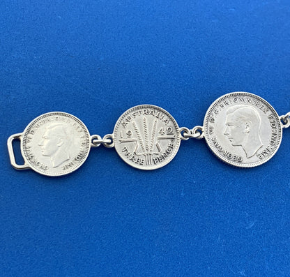 Vintage 1942-1943 Great Britain Australia 3 Pence 6 Pence Shilling Coin Bracelet