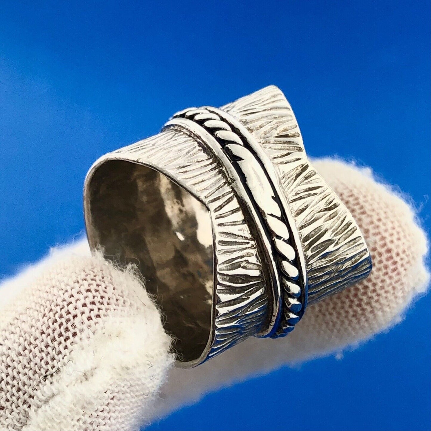 Vintage CJF Thai 925 Sterling Silver Textured Tapered Cigar Band Statement Ring