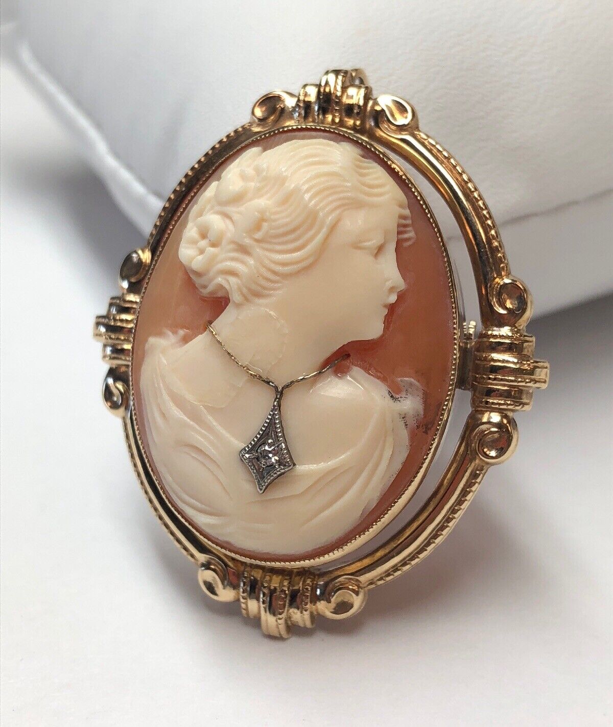 Vintage ESEMCO 14K Yellow Gold Diamond Caved Cameo Scroll Bead Pin Pendant