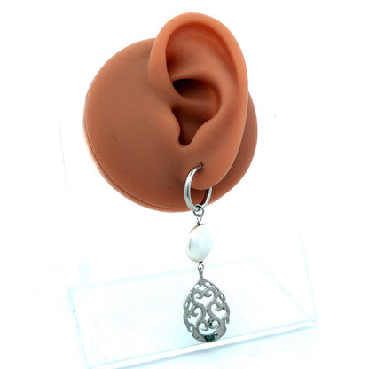 925 Sterling Silver Round Filigree Pearl Dangle Hoop Earrings