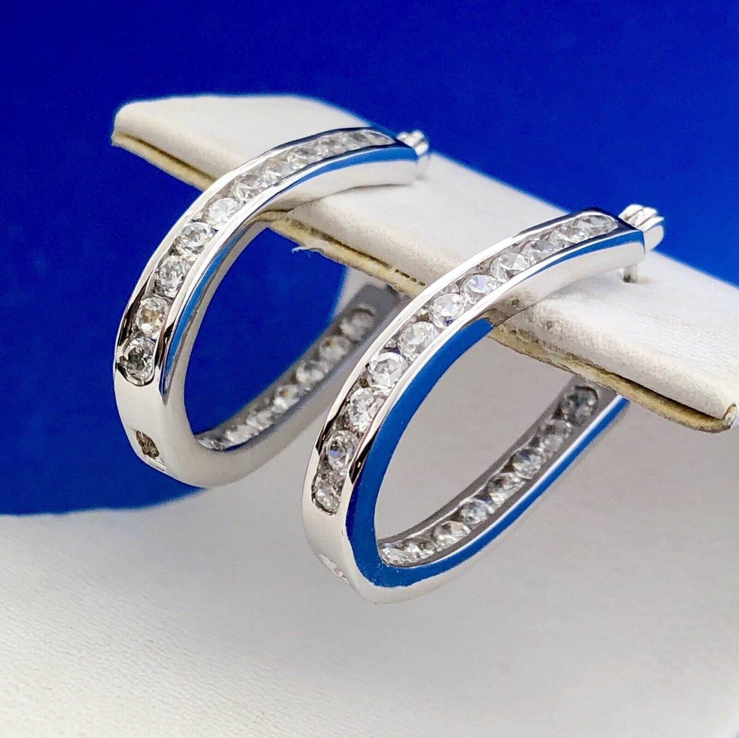 Designer SX Sterling Silver Cubic Zirconia CZ Inside Out Elongated Hoop Earrings