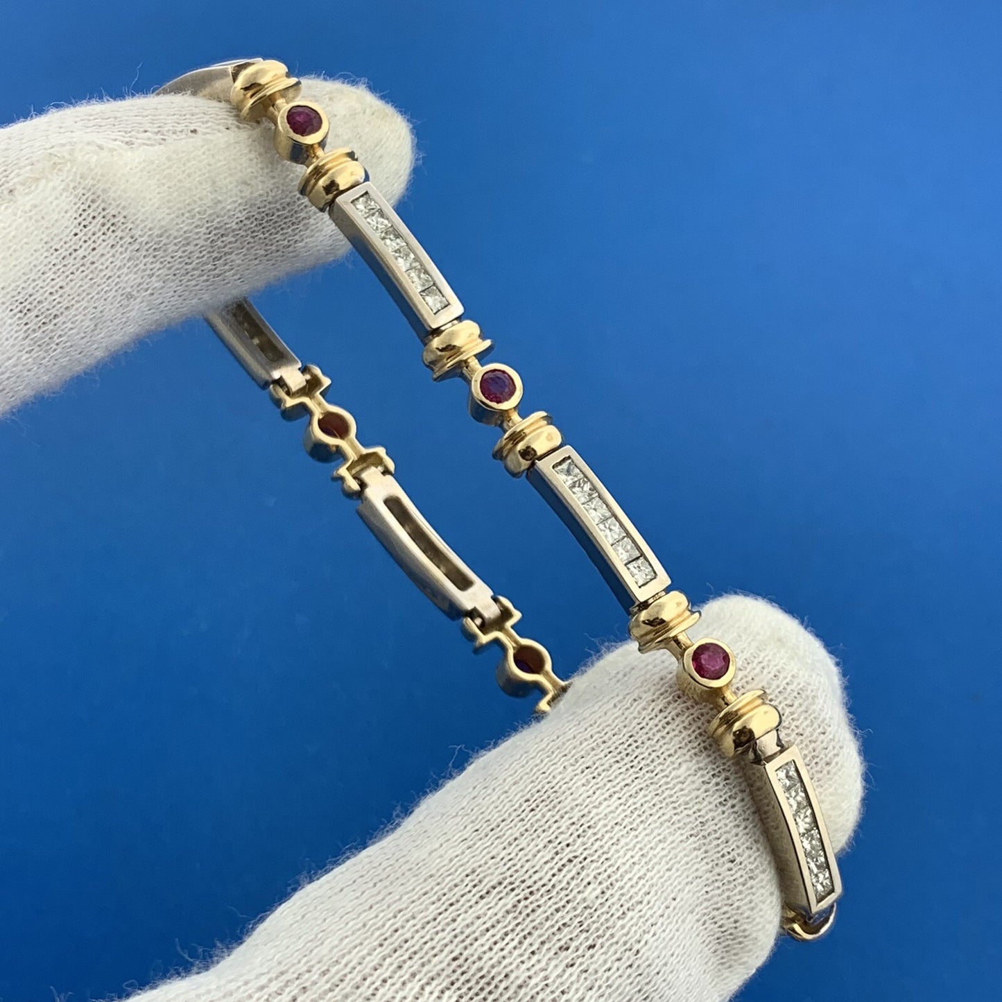 14K White Yellow Gold Diamond Ruby Station Two Toned Statement Tennis Bracelet