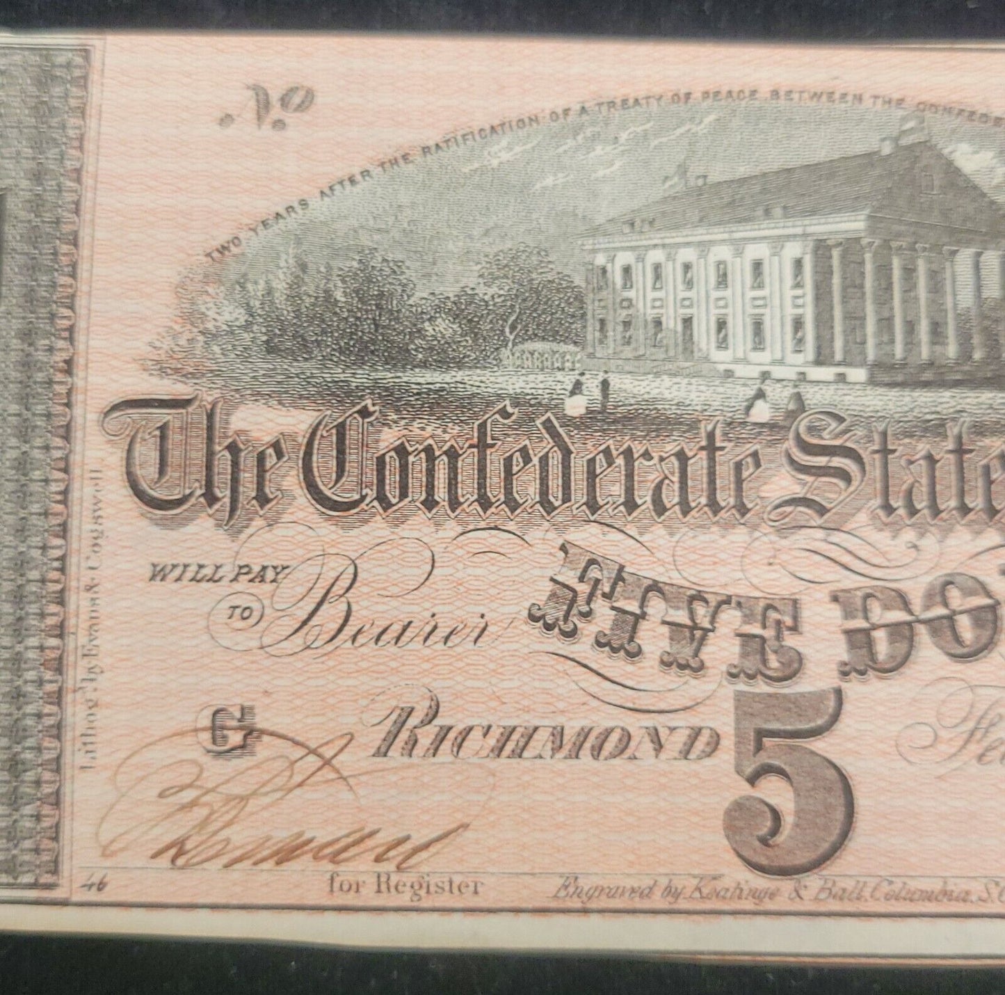 1864 $5 Richmond, VA Confederate States of America Rare Obsolete Bank Note
