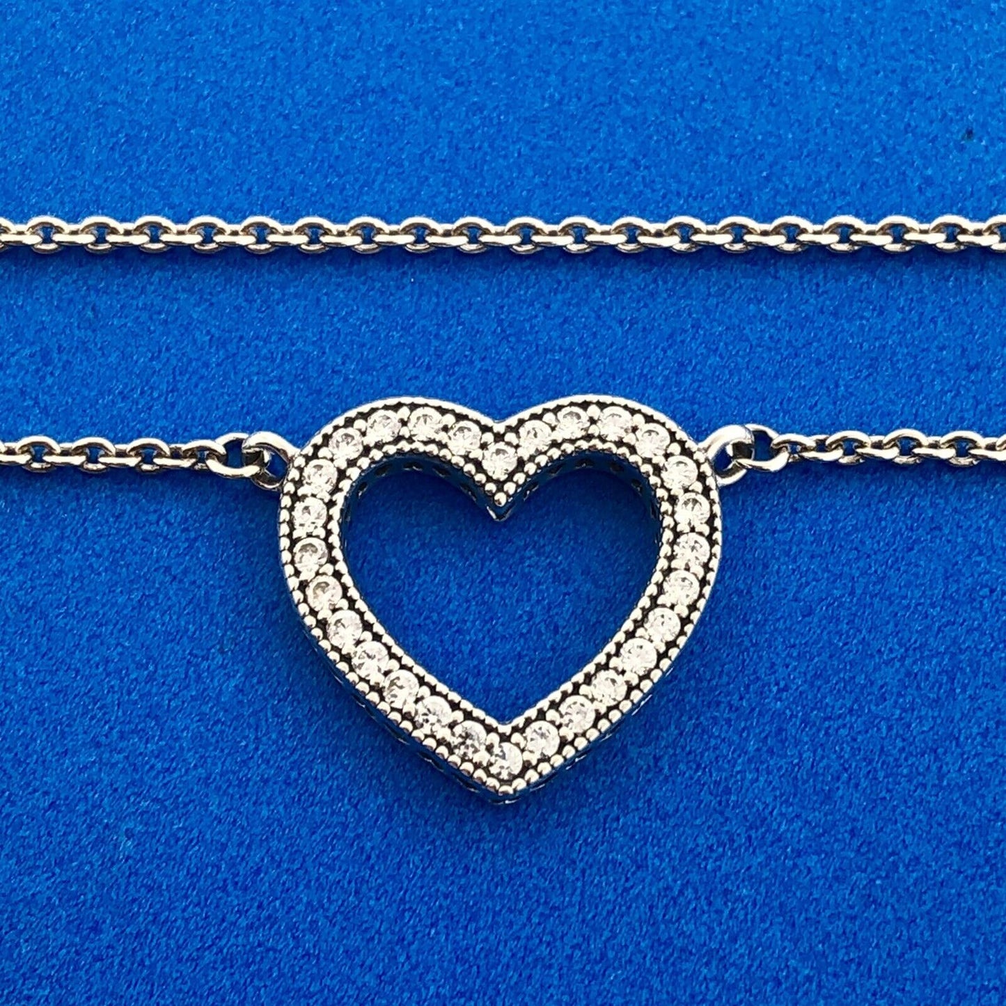 Designer PANDORA ALE Sterling Silver 925 CZ Sparkling Open Heart 17.5" Necklace