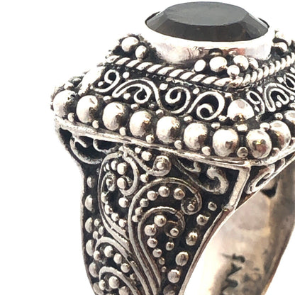 Designer Sarda 925 Sterling Silver Smoky Topa Filigree Square Statement Ring