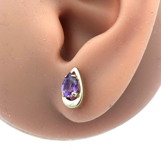 Vintage Stunning 10k Yellow Gold Pear Cut Amethyst Tear Drop Stud Earrings