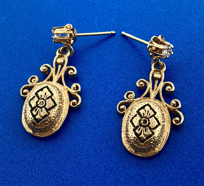Vintage 14k Yellow Gold Diamond Scroll Gothic Chandelier Dangle Drop Earrings