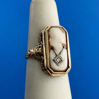 Vintage Designer 10K Yellow Gold Diamond Rectangle Cameo Filigree Statement Ring
