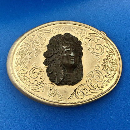Vintage Brass Bronze Two Tone Scroll 3 Dimensional Indian Head Oval Belt Buckle