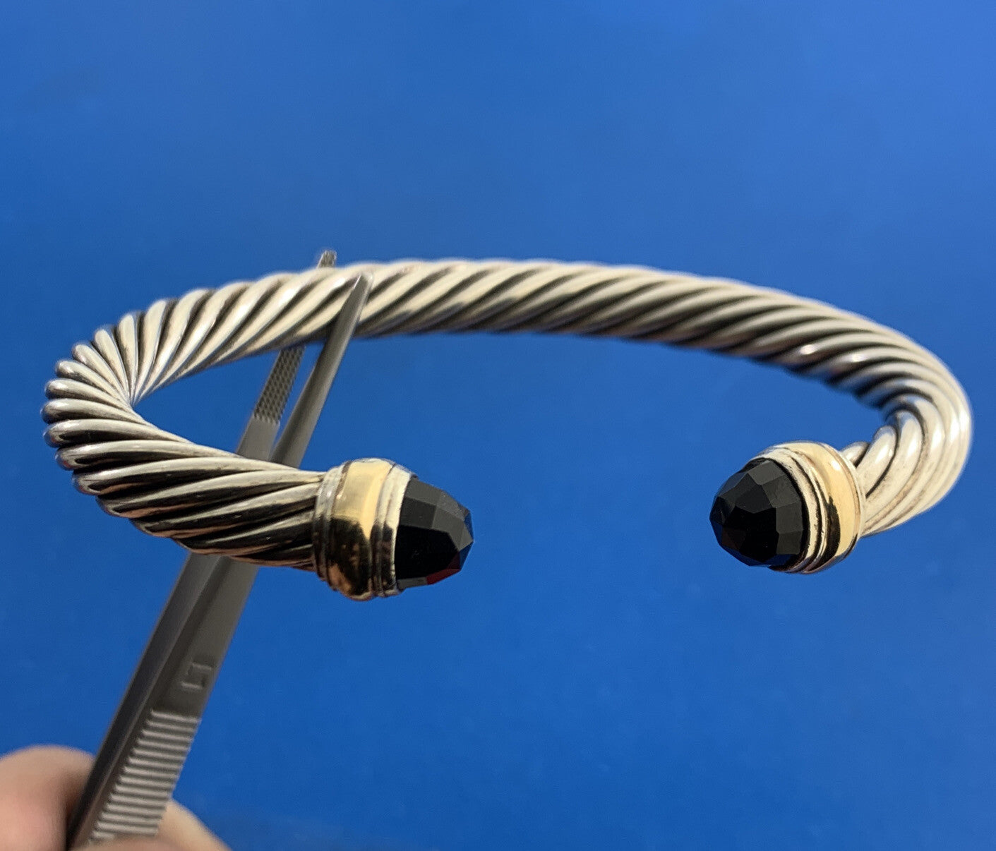 David Yurman 925 Sterling Silver 14K Gold Onyx Cable Classics Open Cuff Bracelet