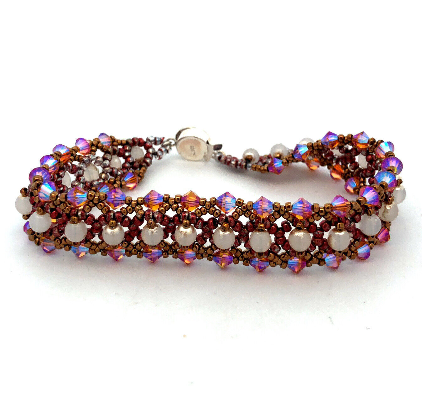 925 Sterling Silver Vintage Faux Pearl Crystal Woven Beaded Bracelet