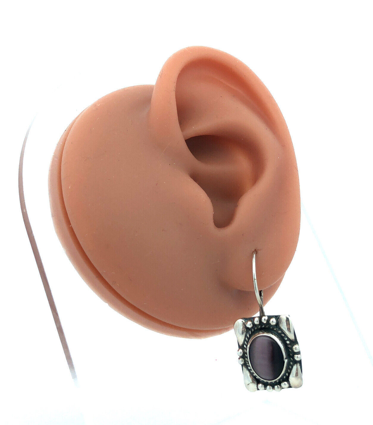 Designer Sterling Silver Oval Purple Cat Eye Cabochon Rectangle Hook Earrings