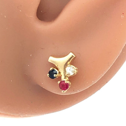 Vintage 14K Yellow Gold Sapphire Ruby Diamond Floral Cluster Stud Earrings