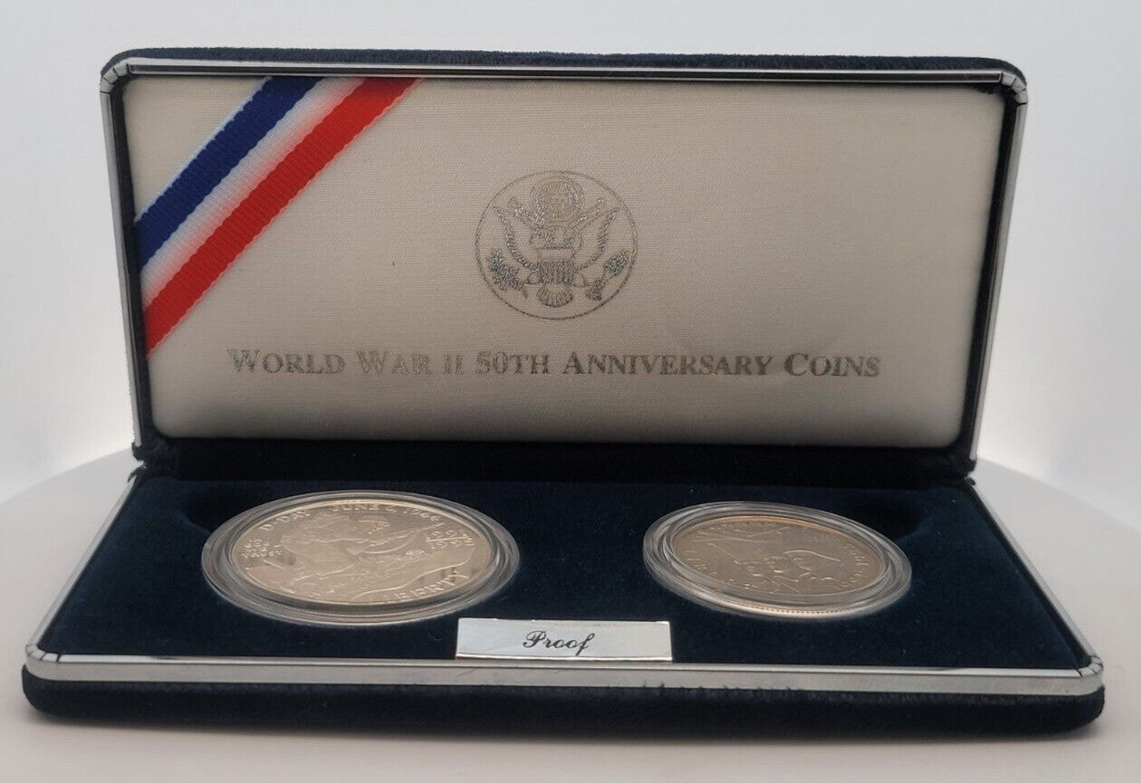 1991-1995 WWII 50th Anniversary Two Coin .900 Silver Proof Commemorative Set