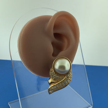 1970's Swarovski SAL Gold Tone Crystal Faux Mabe Pearl Statement Clip Earrings