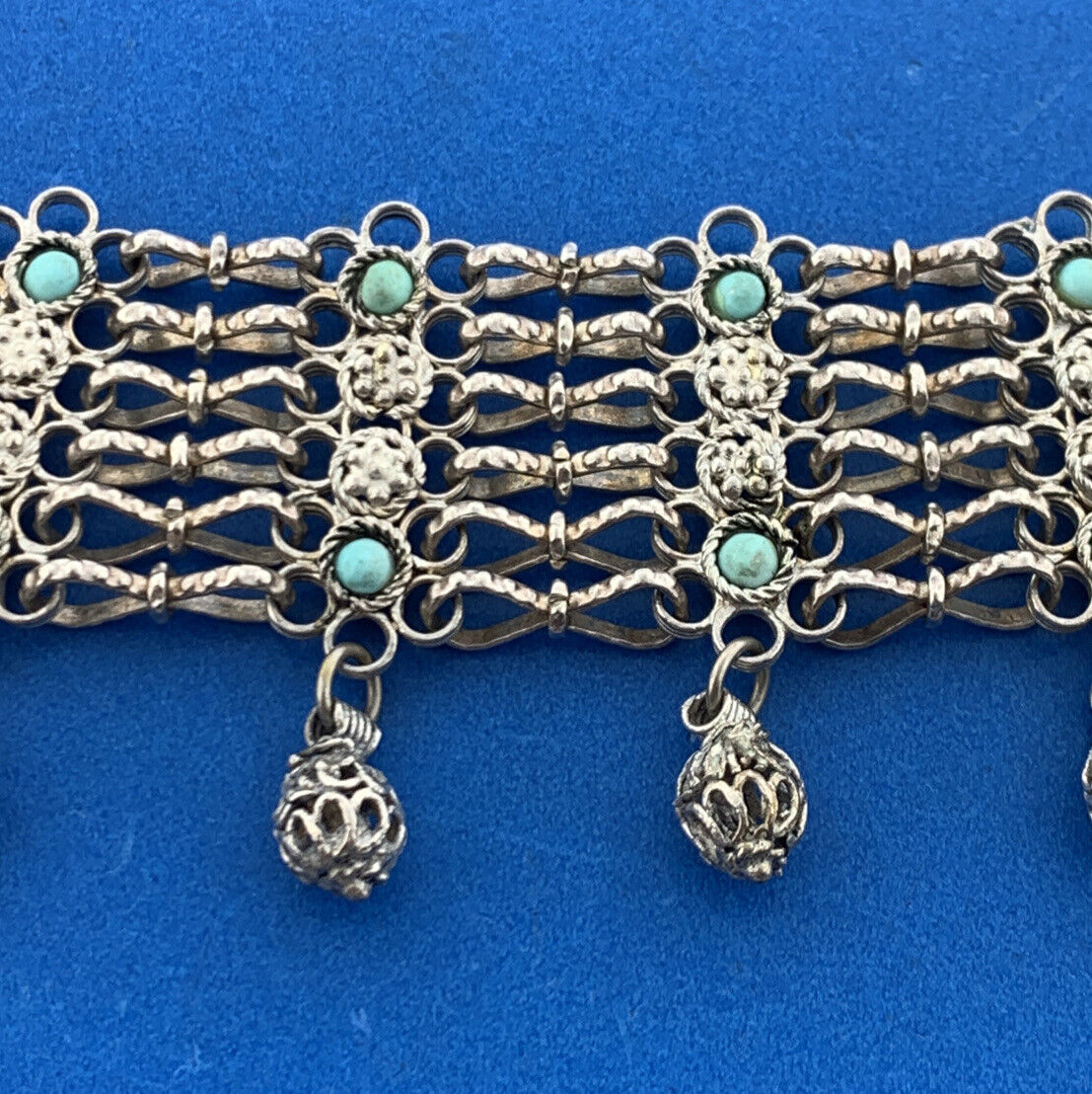 Vintage Silver Tone Floral Lattice Turquoise 7 Strand Statement Collar Necklace