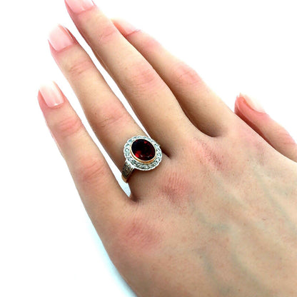 Vintage 18K Yellow Gold Oval Red Garnet Bezel Diamond Halo Cocktail Ring