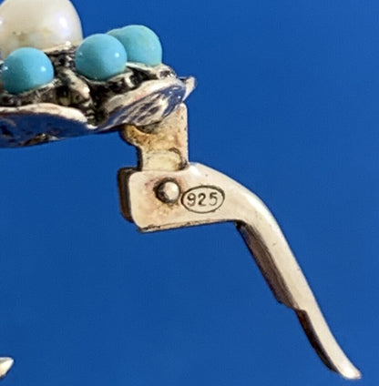 Designer By Simon Sterling Silver Turquoise Pearl Flower Lever Back Earrings