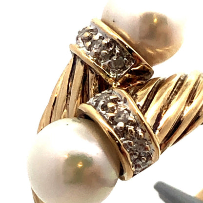 Designer H 14K Yellow Gold Round Pearl Diamond Twist Textured Bypass Ring