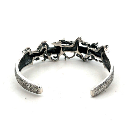 Vintage 925 Sterling Silver 3D Horse Galloping Equine Textured Cuff Bracelet