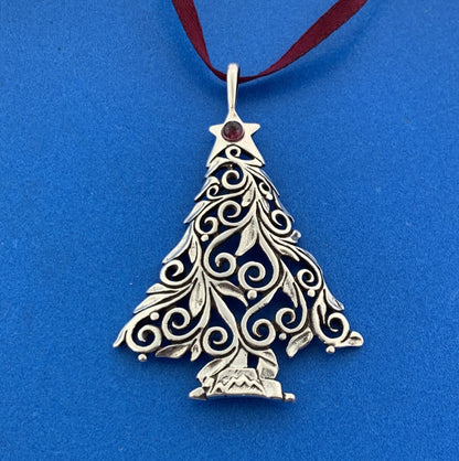 Designer Sterling Silver Amethyst Heart Scroll Christmas Tree Ornament Pendant