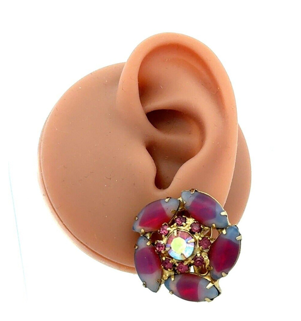 Vintage Gold Tone Pink Purple Rhinestone Jelly Belly Flower Clip On Earrings